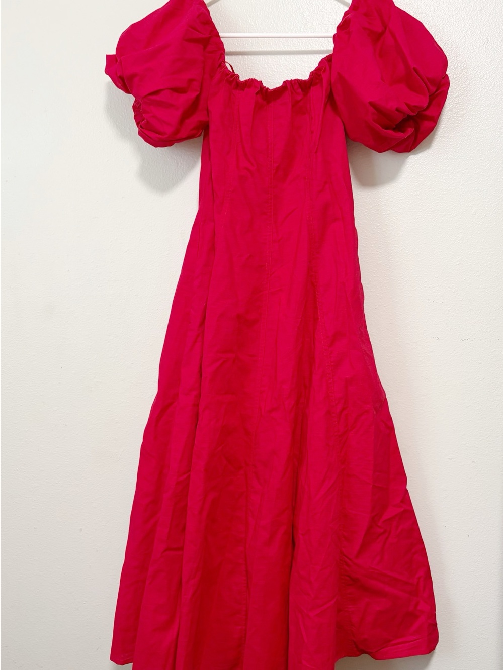 Red Midi Dress with Puff Sleeves